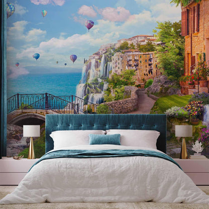 artgeist Wall Mural Peel and Stick Landscape 212x98 in - XXL Self-Adhesive Corner Wallpaper Removable Large Sticker Foil Angle Wallpaper Baloons Waterfall Architecture Landscape Clouds c-B-10182-a-a