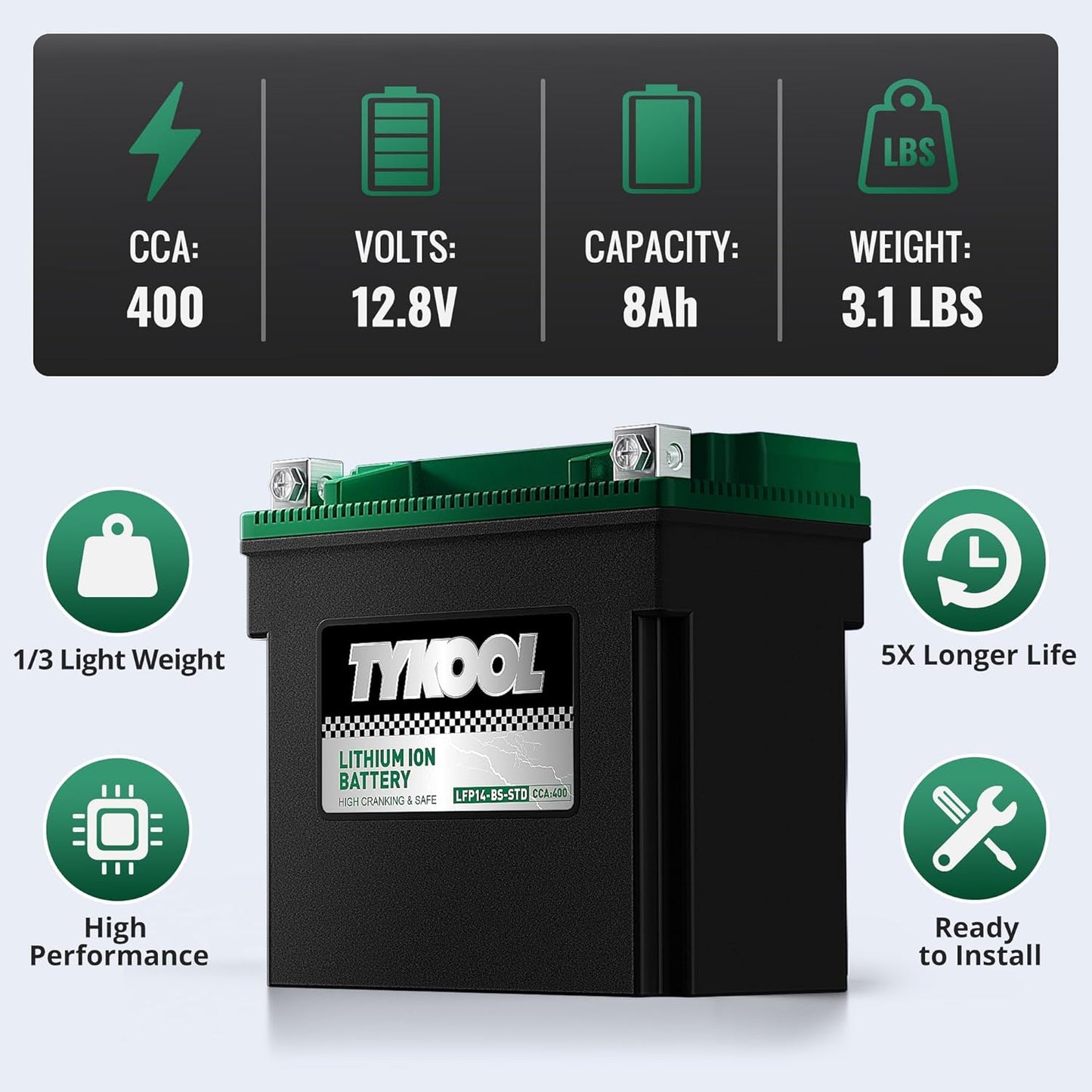 TYKOOL YTX14-BS-STD 400 CCA,Lithium LiFePO4 12v Motorcycle Battery,ATV Battery,2X Cranking Amps,Digital Readout for SOC,Comptitable for ATV,Piaggio Scooter,Honda UTV,Yamaha Snowmobile