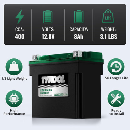TYKOOL YTX14-BS-STD 400 CCA,Lithium LiFePO4 12v Motorcycle Battery,ATV Battery,2X Cranking Amps,Digital Readout for SOC,Comptitable for ATV,Piaggio Scooter,Honda UTV,Yamaha Snowmobile