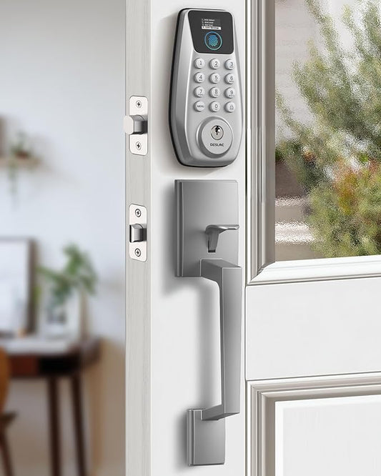 DESLOC C110 Fingerprint Smart Front Door Lock Set with Handle Keyless Entry Door Lock, Keypad Deadbolt, Auto-Lock, Easy DIY Installation, IP54 Weatherproof, Fits Most US Doors, Sliver