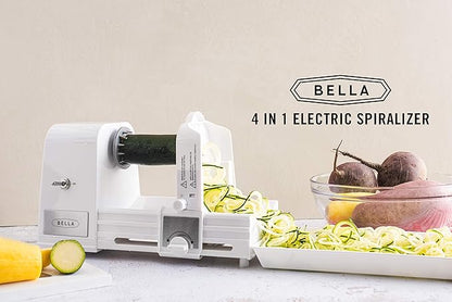 BELLA 4-in-1 Automatic Electric Spiralizer & Slicer, Quickly Prep Healthy Veggie or Fruit Spaghetti, Noodles or Ribbons, Easy To Clean, Recipe Book Included, White, 14641