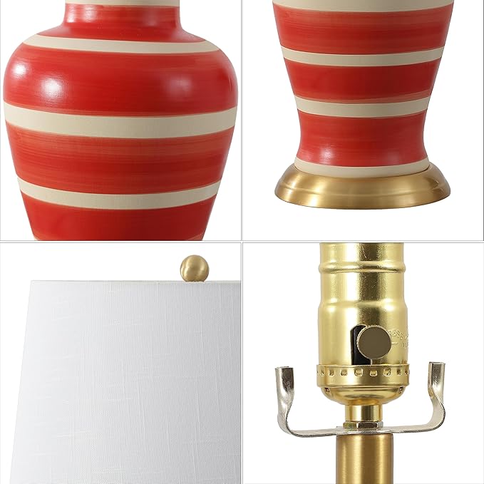 JONATHAN Y 29" Red/Beige Traditional Ceramic Urn LED Table Lamp for Bedroom Decor, White Linen Drum Shade, Classic Nightstand Lamp for Living Room, LED Bulb Included (JYL4026K)