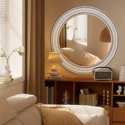 32'' Boho Wooden Large Round Wall Mirrors, Rustic Farmhouse Circle Mirrors Decorative for Bathroom, Bedroom Over Sink, Living Room, Entryway