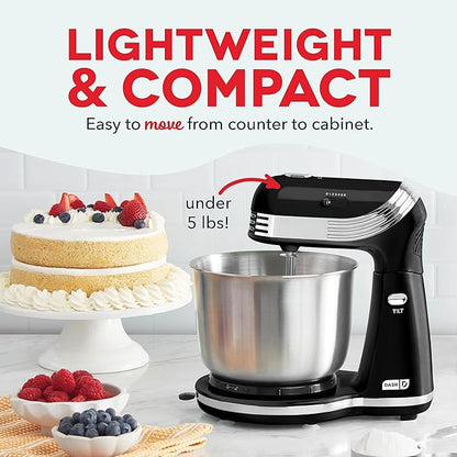 Dash Stand Mixer (Electric Mixer for Everyday Use): 6 Speed Stand Mixer with 3 qt Stainless Steel Mixing Bowl, Dough Hooks & Mixer Beaters for Dressings, Frosting, Meringues & More - Black