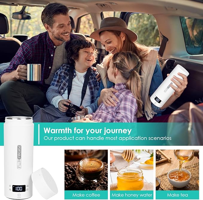 lazycozy® Travel Kettle for Car, 16oz Portable Electric Kettle, 4 Temperature Settings 113-212℉, with Clean Brush, Storage Bag, for Milk, Coffee, Tea, Hot Water