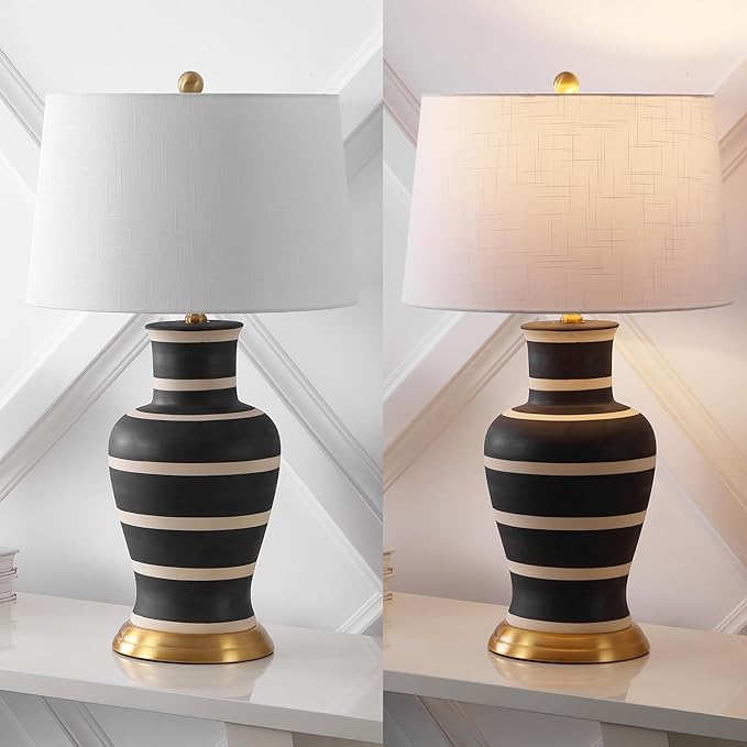 JONATHAN Y 29" Black/Beige Traditional Ceramic Urn LED Table Lamp for Bedroom Decor, White Linen Drum Shade, Classic Nightstand Lamp for Living Room, LED Bulb Included (JYL4026J)