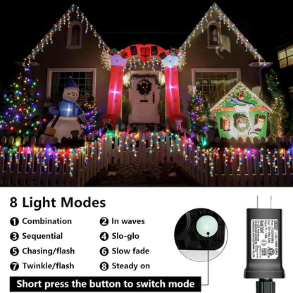QITONG Multicolor Icicle Christmas Lights Outdoor, 33ft 400 LED Icicle Lights Indoor, Clear Wire Connectable String Lights Plug in with 8 Modes