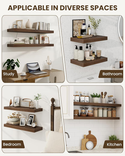 Marsmiles 55" Floating Shelves for Wall, Wooden Shelves with Invisible Brackets Set of 2, Rustic Farmhouse Wall Mounted Shelf for Kitchen Bathroom Living Room Study, Walnut