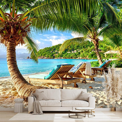 Classy Beach Backdrop Wallpaper for Bedroom Palm Tree Large Wall Mural Living Room Beach Scene Adhesive Fabric Decor - 160"x108"（Not Peel and Stick）