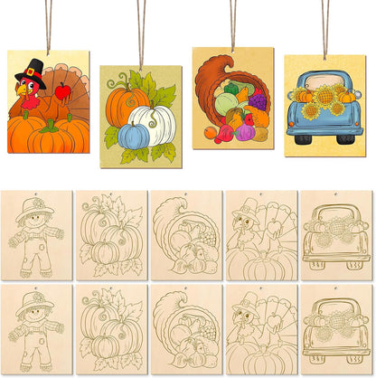 COCHIE 10PCS Large Thanksgiving Unfinished Wood Crafts to Paint for Adults Kids, Bulk Predrilled Wooden Ornaments for Painting, Pumpkin Scarecrow Paintable Wood Slices Craft Supplies with Ropes