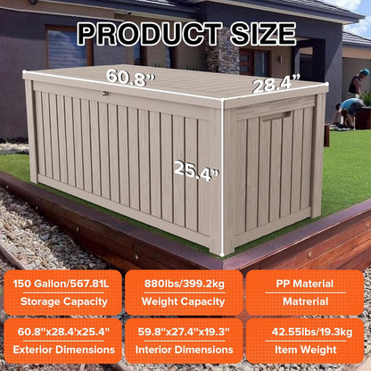 150 Gallon Double-Wall Resin Deck Box - Lockable Waterproof Outdoor Storage Box, 1000lbs Capacity & Doubles as Seating for Patio Furniture - Garden Tools, Pool Accessories (Brown)