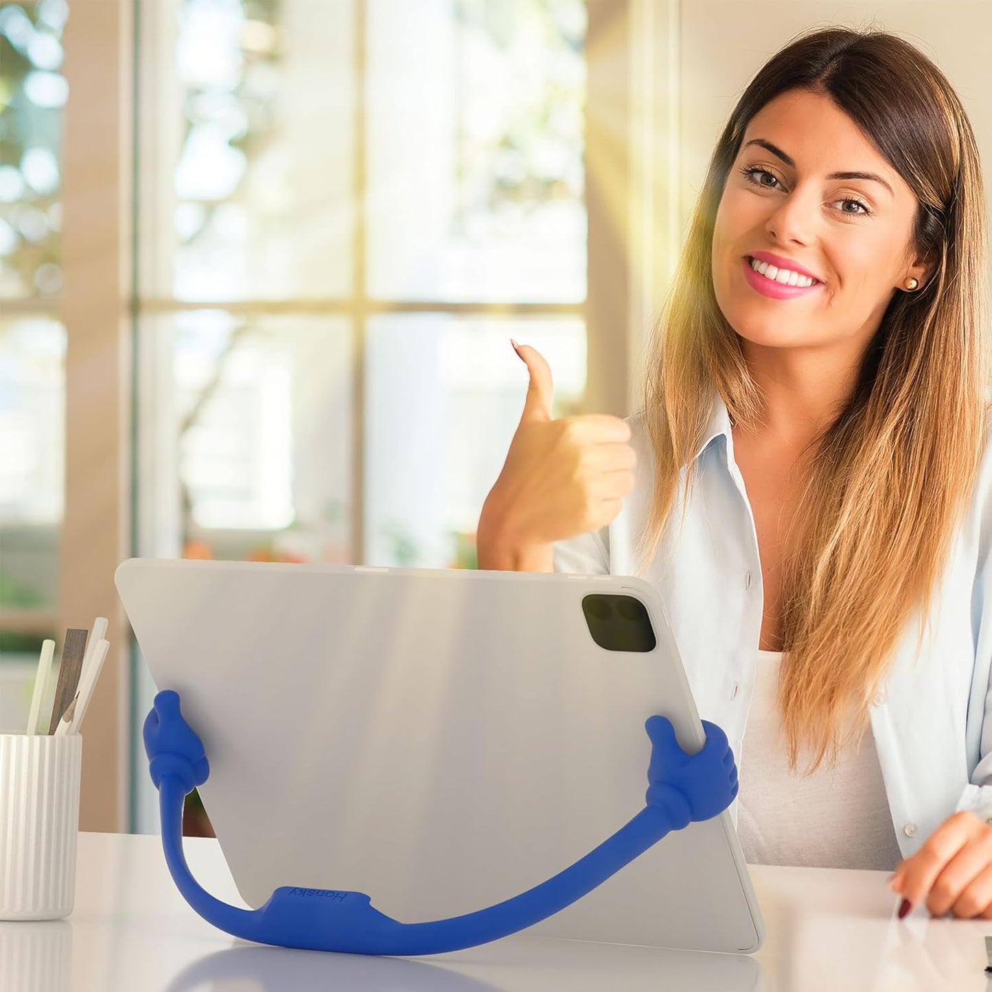 Honsky Thumbs Up Portable Monitor Stand, Universal Tablet Display Holder for Desktop and Desk, Cute Blue