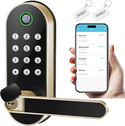 Fingerprint Smart Door Lock with Handle & Keypad – Bluetooth Keyless Entry for Front Door, Home, Kids, Guests, Airbnb & Rental, App + Code Access, Compatible with Alexa & Google, Easy DIY Install