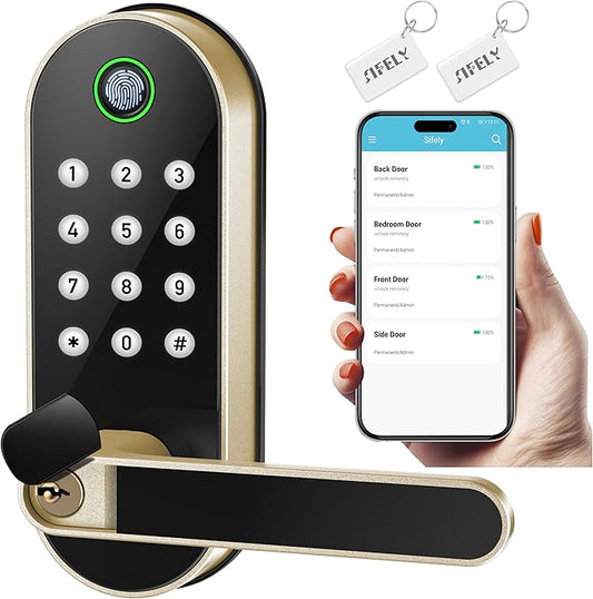 Fingerprint Smart Door Lock with Handle & Keypad – Bluetooth Keyless Entry for Front Door, Home, Kids, Guests, Airbnb & Rental, App + Code Access, Compatible with Alexa & Google, Easy DIY Install