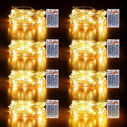 Fairy Lights Battery Operated String Lights 16.4ft 50LED Flashing and Constant Light Waterproof Silver Wire for Christmas DIY Party Bedroom Wedding (Warm White, 8 Pack)