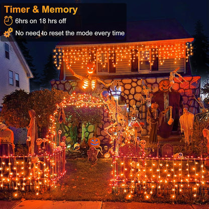 Orange Halloween Lights Outdoor Indoor, 66ft Icicle Lights for Outside, 640 LED Twinkle String Lights with 120 Drops Clear Wire Short Curtain Lights for Room Home Wall Bedroom Decor