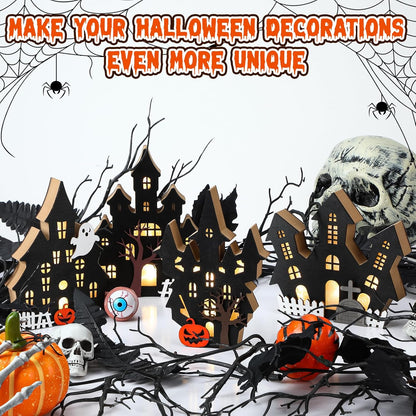Bucherry 4 Pack Halloween Table Haunted House Decor Lighted Wooden Village Ghost House 3D Tabletop Decorations for Halloween Indoor Home Kitchen Desk Gift(Classic Style)