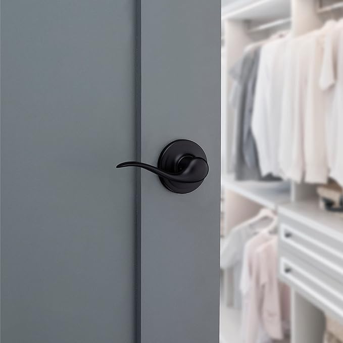 Kwikset Tustin Dummy Door Handle, Single Sided Lever for Closets, French Double Doors, and Pantry, Matte Black Non-Turning Right Handed Interior Push/Pull Lever, with Microban Protection