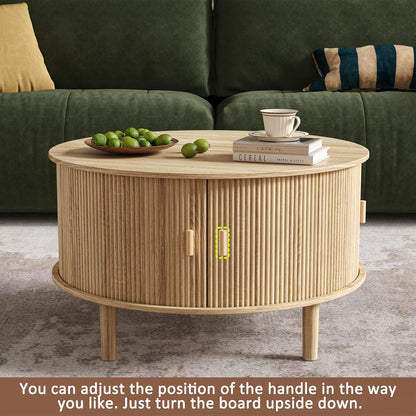 Round Coffee Table with Storage,Fluted Table with 360°Curved Sliding Doors,Solid Wood Legs, Mid Century Modern Center Table for Living Room,Apartment, Home Office,Oak,Natural