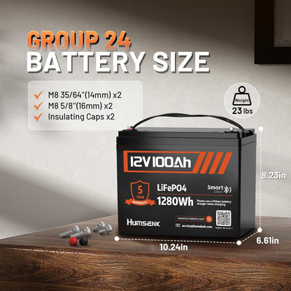 12V 100Ah LiFePO4 Lithium Battery with Bluetooth - BCI Group 24 15000+ Deep Cycle Battery, Built-in 100A BMS & Low-Temp Protection, for RV/Marine/Trolling Motor/Off-Grid/Home Backup