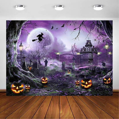 Avezano Halloween Photography Backdrop Full Moon Scary Night Castle Pumpkins Party Background Spooky Witch Bats Cemetery Child Kids Halloween Party Decorations Photoshoot Backdrops (7x5ft, Purple)