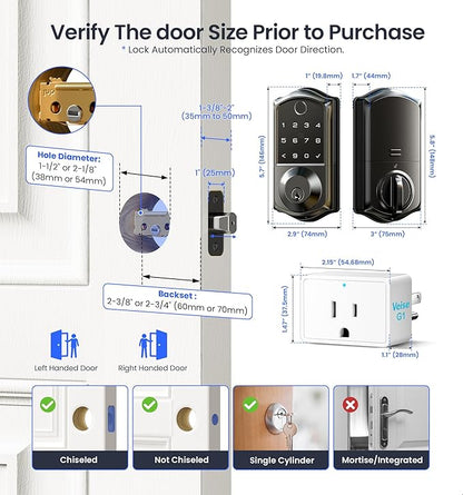 Veise VE017G Wi-Fi Keyless Entry Door Lock, App Remote & Voice Control, Fingerprint Smart Locks for Front Door, Touchscreen Electronic Keypad Deadbolt, Auto Lock, Emergency Power Port, Matte Black
