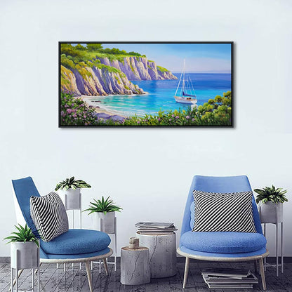 QZQCBLC Large Coastal Wall Art - Blue Sea Sailing Boat Canvas Pictures Purple Flower Mountains Ocean Landscape Paintings Artwork for Living room Bedroom Home Office Framed Beach Decor 24"X48"