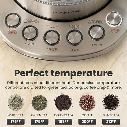 Viante Electric Kettle With Infuser. No Plastic In Contact With Water. Hot Tea Maker With Temperature Control And Automatic Shut Off. Tea Kettle With Brewing Programs. 1.5 Liters Capacity