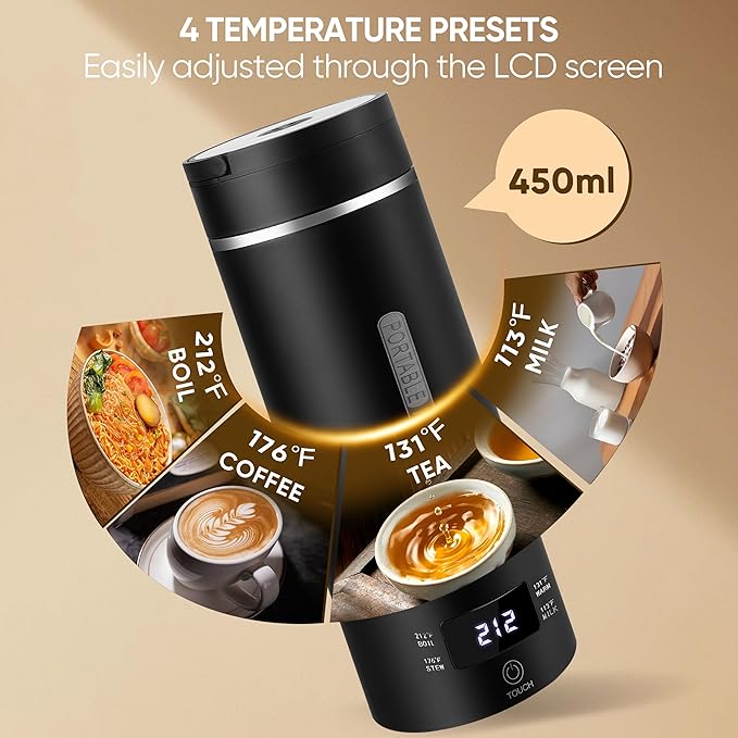 Travel Electric Kettle Portable Small Hot Water Boiling Tea Coffee Warmer Heater 450ML, 316 Stainless Steel, 4 Temperature Presets LCD Display Fast Boiler & Auto Shut-Off & Boil Dry Protection (Black)