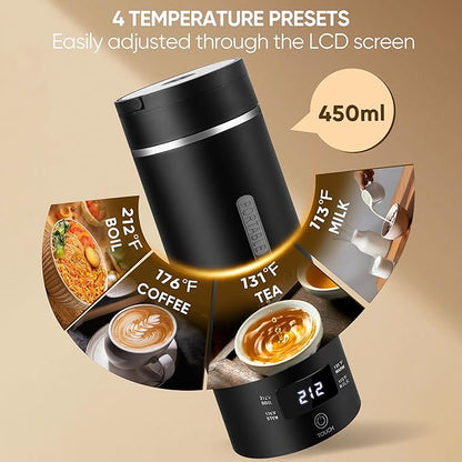 Travel Electric Kettle Portable Small Hot Water Boiling Tea Coffee Warmer Heater 450ML, 316 Stainless Steel, 4 Temperature Presets LCD Display Fast Boiler & Auto Shut-Off & Boil Dry Protection (Black)