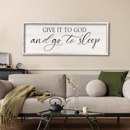 comurdyo Give It To God And Go to Sleep Sign 40''×15'' Master Bedroom Above Bed Wall Decor Wood Framed Couple Large Farmhouse Guest Room Rustic Simple Over Bedside Wall Art Hanging Decor (White)