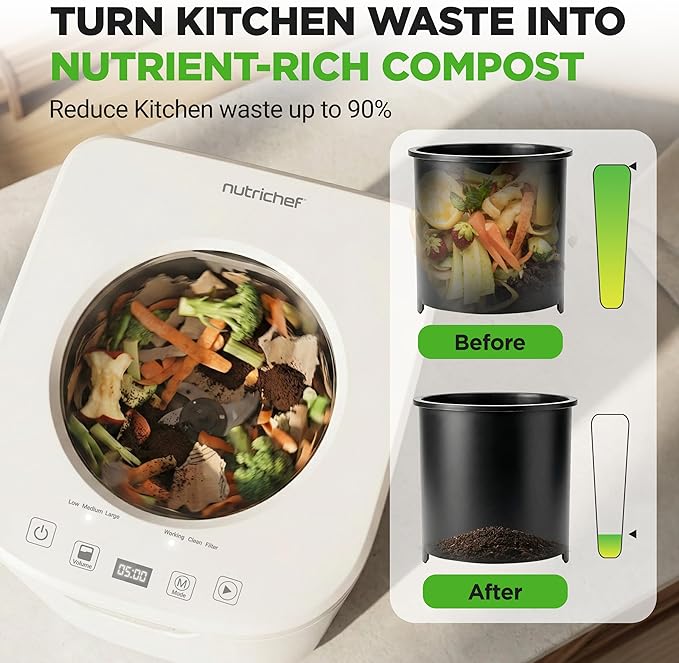 NutriChef 4 Quart Electric Kitchen Composter | Smart Countertop Composter Includes 2 Odorless Carbon Filters | Electric Compost Bin for Indoor Use | 3 Volume Based Modes Small, Medium & Large | White