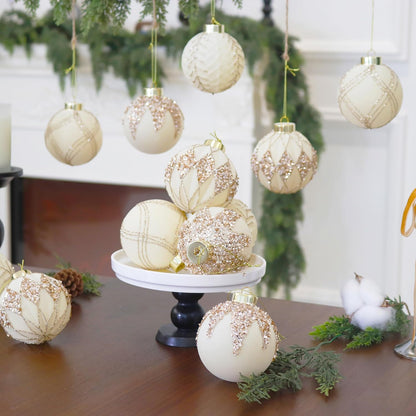 3.15INCH Beige Velvet Ornaments for Christmas Tree, 12PCS Glitter Flocked Christmas Ornaments Decorations Balls Set Decor