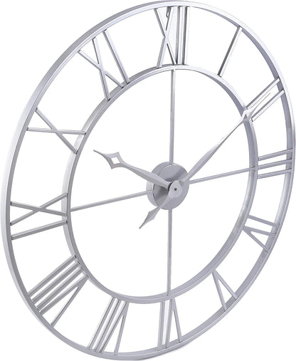 CLXEAST Large Modern 30 Inch Wall Clock Silver, Oversized Big Roman Numeral Metal Wall Clocks for Living Room Decor, Home Office