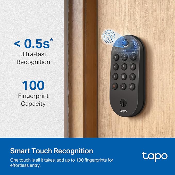 Tapo Smart Wi-Fi Deadbolt Door Lock - Fingerprint Recognition, Keyless Tactile Buttons & in-App Monitoring, Auto-Lock, IP54, BHMA Certified, Compatible with Standard Door Sizes, Tapo DL105