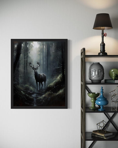 Deer in Forest Poster Art Print, Halloween Scary Vintage Wall Art Academia Spooky Painting Decoration for Horror Prints, Gothic Posters Bedroom Decor 89 (Deer in Forest, 11 x 14 inches, Black Frame)