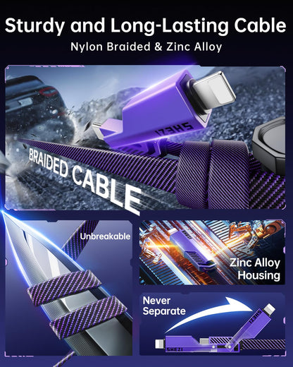 SHEZI [Upgraded 2.0] 4-in-1 Long USB C Cable 60W 10FT Fast Charging [480Mbps Data Sync] Flat Nylon Braided Charger Cord Combo, USB A/C to C/L Multi Charge Cable for iPhone/iPad & Most Devices, Purple