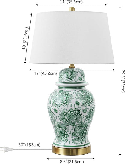 JONATHAN Y 29.5" Green/White Ceramic Table Lamp for Living Room and Office, White Linen Drum Shade, Traditional Chinoiserie Ginger Jar Lamp, LED Bulb Included (JYL3008D)