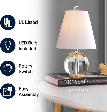 JONATHAN Y 16" Clear Crystal Ball LED Table Lamp, White Modern Bedside Lamp, with White Linen Empire Shade, Glam Orb Glass Nightstand Lamp for Living Room, LED Bulb JYL2079A