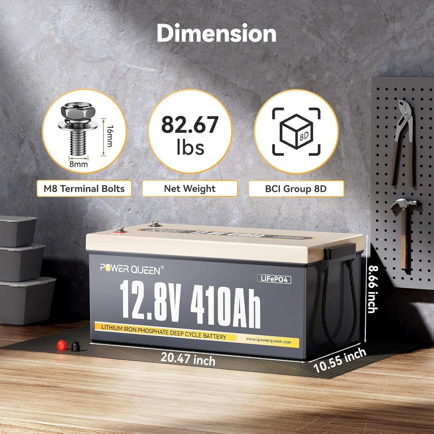 Power Queen 12.8V 410Ah LiFePO4 Battery, 5248Wh Energy Lithium Battery Built in 250A BMS,4000+ Cycle Times and 10-Year Lifetime,Ideal for Solar System,RV,Home Backup,Off-Grid