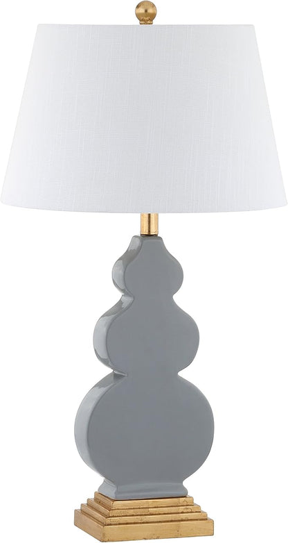JONATHAN Y 29" Gray/Gold Ceramic Table Lamp for Bedroom Modern Bedside Lamp, White Linen Shade, Mid-Century Triple Gourd Desk Lamp for Office, LED Bulb Included (JYL3018B)