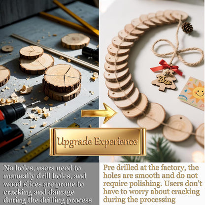 20PCS Pre-Drilled Wood Slices with Holes, 3.2-4 Inch Natural Pine Discs & 8M Hemp Rope, Sanded Smooth DIY Crafts Kit for Christmas Ornaments, Rustic Wedding Decor, Kids Art (30pcs)
