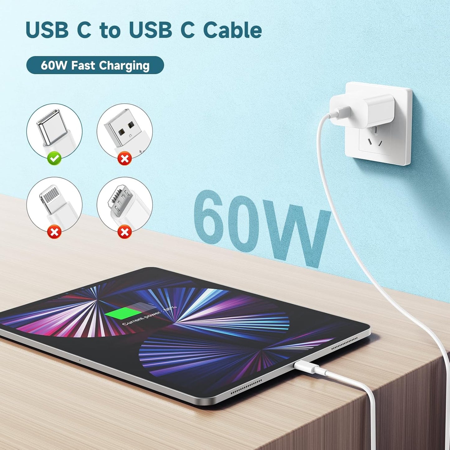60W USB C to Cable [3Pack] iPhone 15 Fast Charging Cable,3ft Short USB-C to USBC Power Cord for iPhone 16/15 Pro Plus Pro Max, MacBook Pro Air/IPad/iPad Pro 12.9/11,AirPods 4(White)