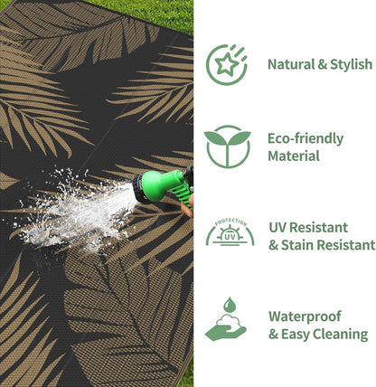 GENIMO Outdoor Rug 9' x 12' Waterproof for Patios Clearance, Reversible Outdoor Plastic Straw Camping Rug Carpet, Large Area Rugs Mats for RV, Camper, Deck, Balcony, Porch, Beach, Picnic, Black&Brown