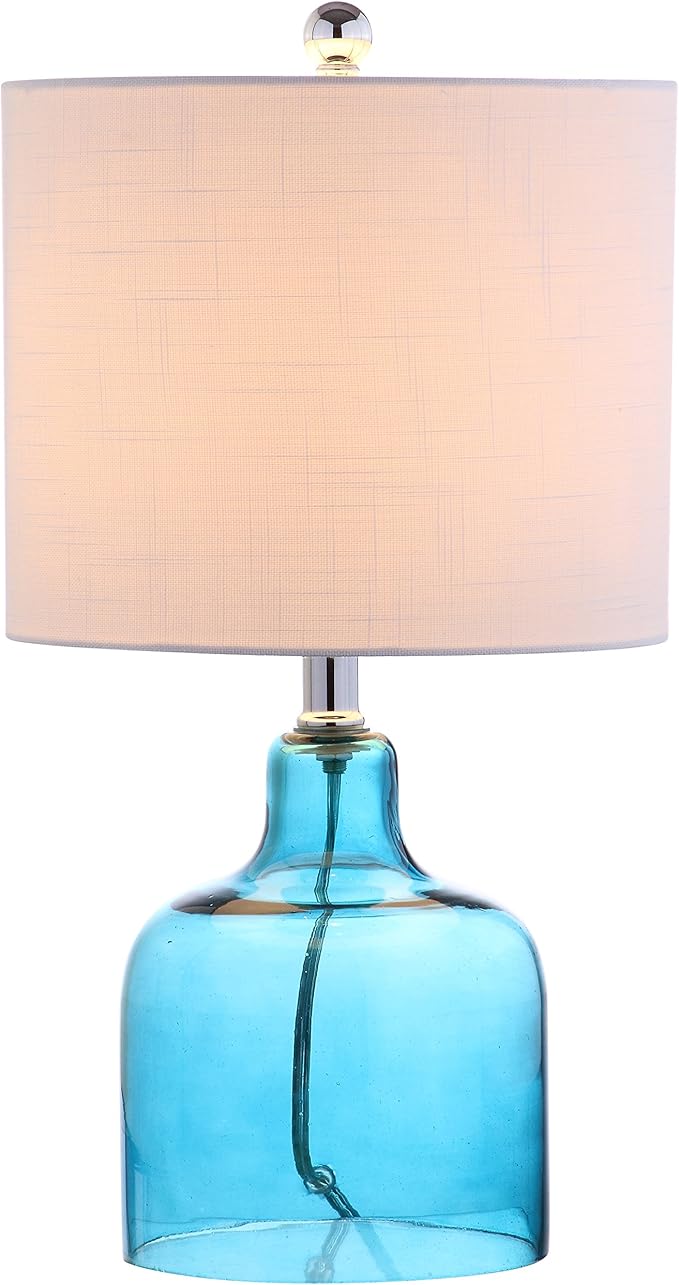 JONATHAN Y 19" Moroccan Blue Glass Bell Table Lamp for Living Room Bedroom, White Linen Drum Shade, Modern Coastal Bedside Nightstand Lamp with LED Bulb, UL Listed JYL1027A