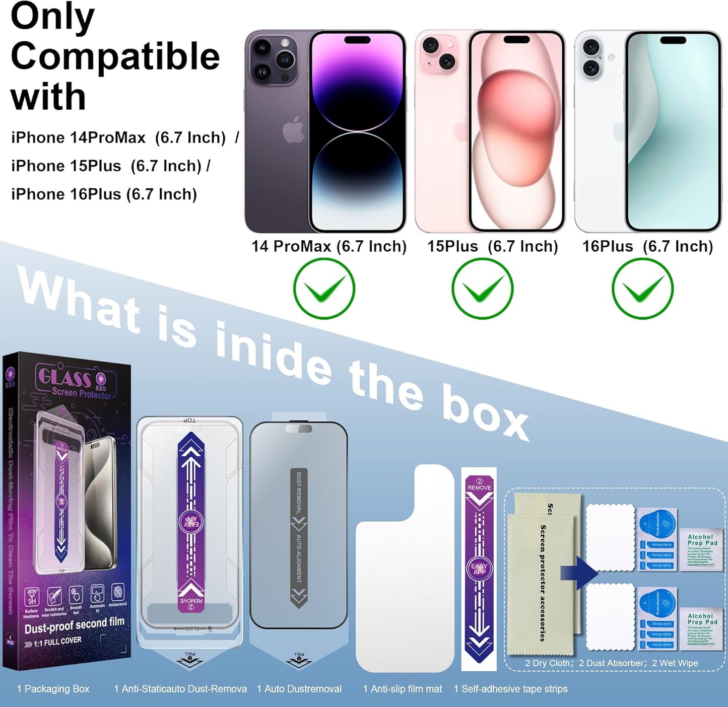 2 Pack Matte Screen Protector for iPhone 16 Plus and iPhone 15 Plus and iPhone 14 Pro Max 6.7-Inch Auto Dust Removal, No Bubbles, Tempered Glass Film, Easy Installation