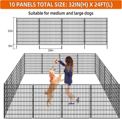 10 Panels No Dig Fence with Gate, 32 in(H) X 24 ft(L) Garden Decorative Fence Animal Barrier for Dogs, Rustproof Metal Garden Edging Border for Outdoor, Yard, Patio, Black