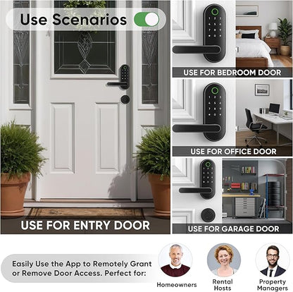 Keyless Entry Fingerprint Digital Smart Lock with Handle & Keypad: Electronic/Electric Lock with Code, App Control Biometric Deadbolt Door Knob for Front, Interior, Exterior & Bedroom Door (Black)