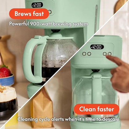 bella 12 Cup Programmable Coffee Marker, Reusable Dishwasher Safe Accessories, Easy LCD diaply, Auto Shutoff, 900 watt, Seaglass