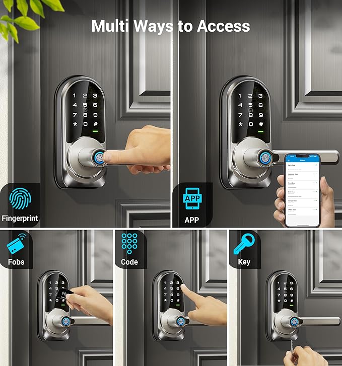 Veise RZ09 Smart Lock, 7-in-1 Keyless Entry with Handle Set, APP Control Fingerprint Deadbolt for Front Door, Electronic Digital Locks with Keypad, Satin Nickel